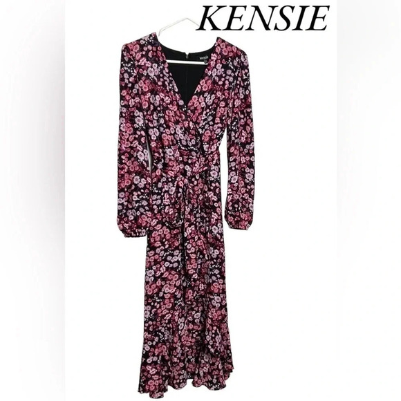 KENSIE pink dress,faux wrap,floral,sz 2, surplice,fairy,romantic,event,whimsical - Picture 2 of 15